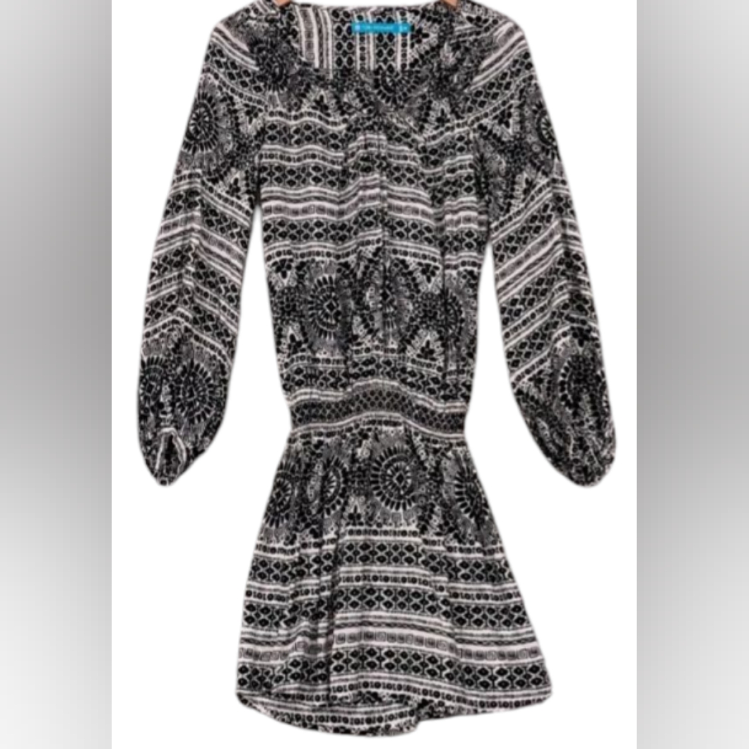 Nwot. Tori Richards 100% Silk Black And White Boho Patterned Dress Size 10